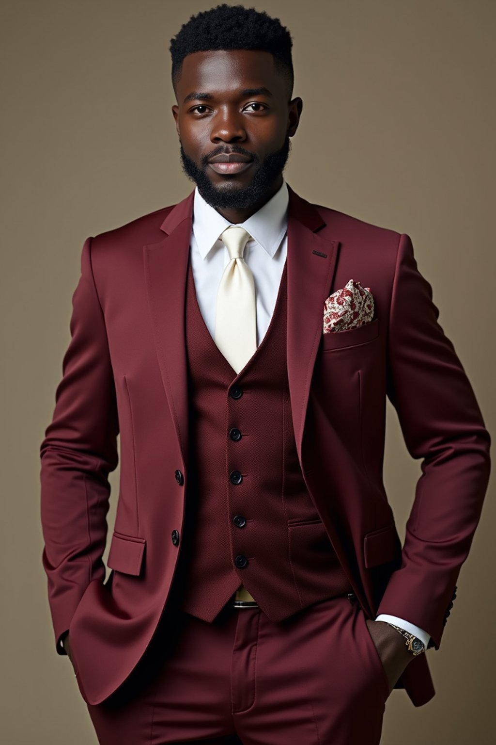 handsome and stylish man trying on a stylish three-piece suit in a rich burgundy color with a crisp white shirt and a paisley patterned pocket square