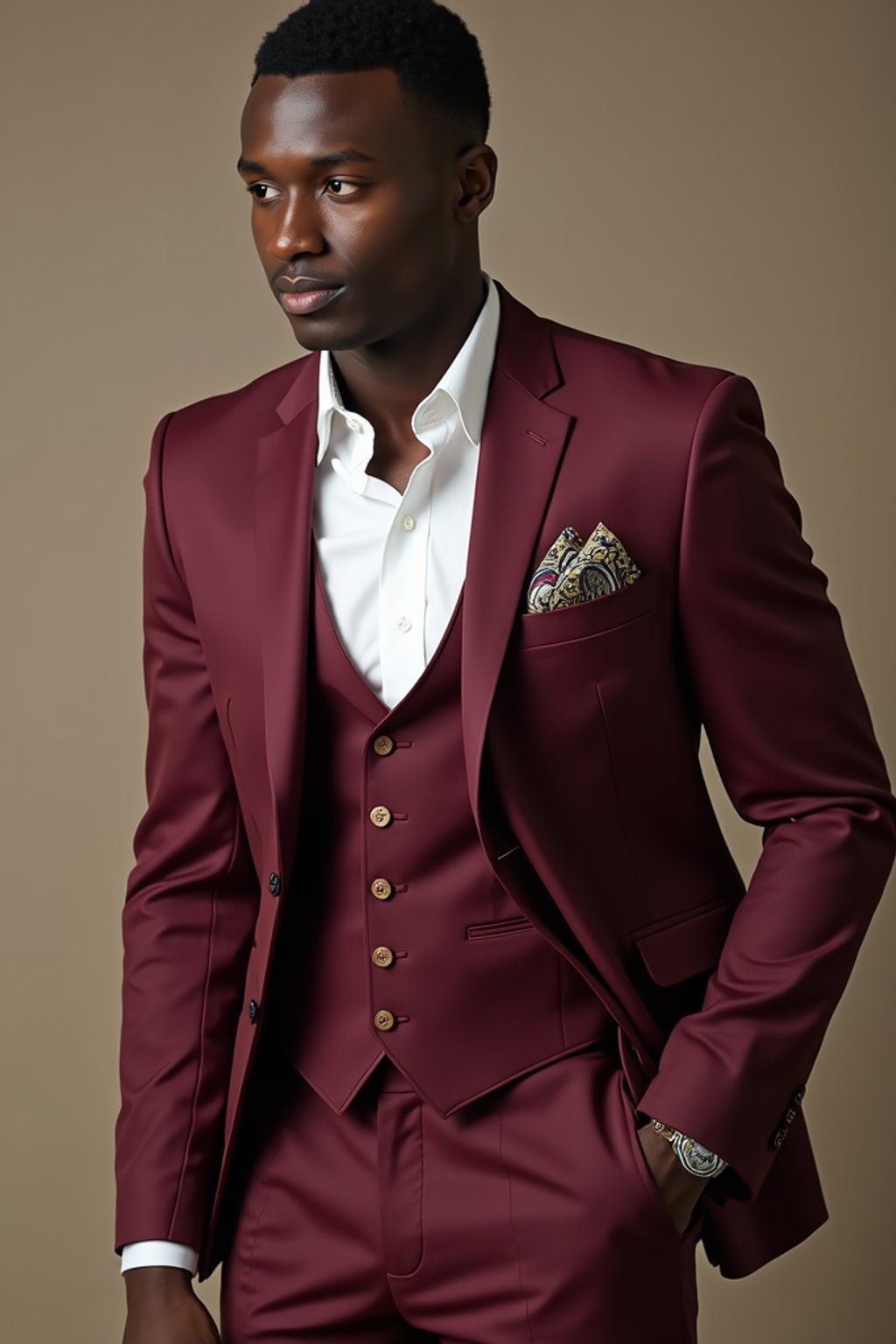 handsome and stylish man trying on a stylish three-piece suit in a rich burgundy color with a crisp white shirt and a paisley patterned pocket square