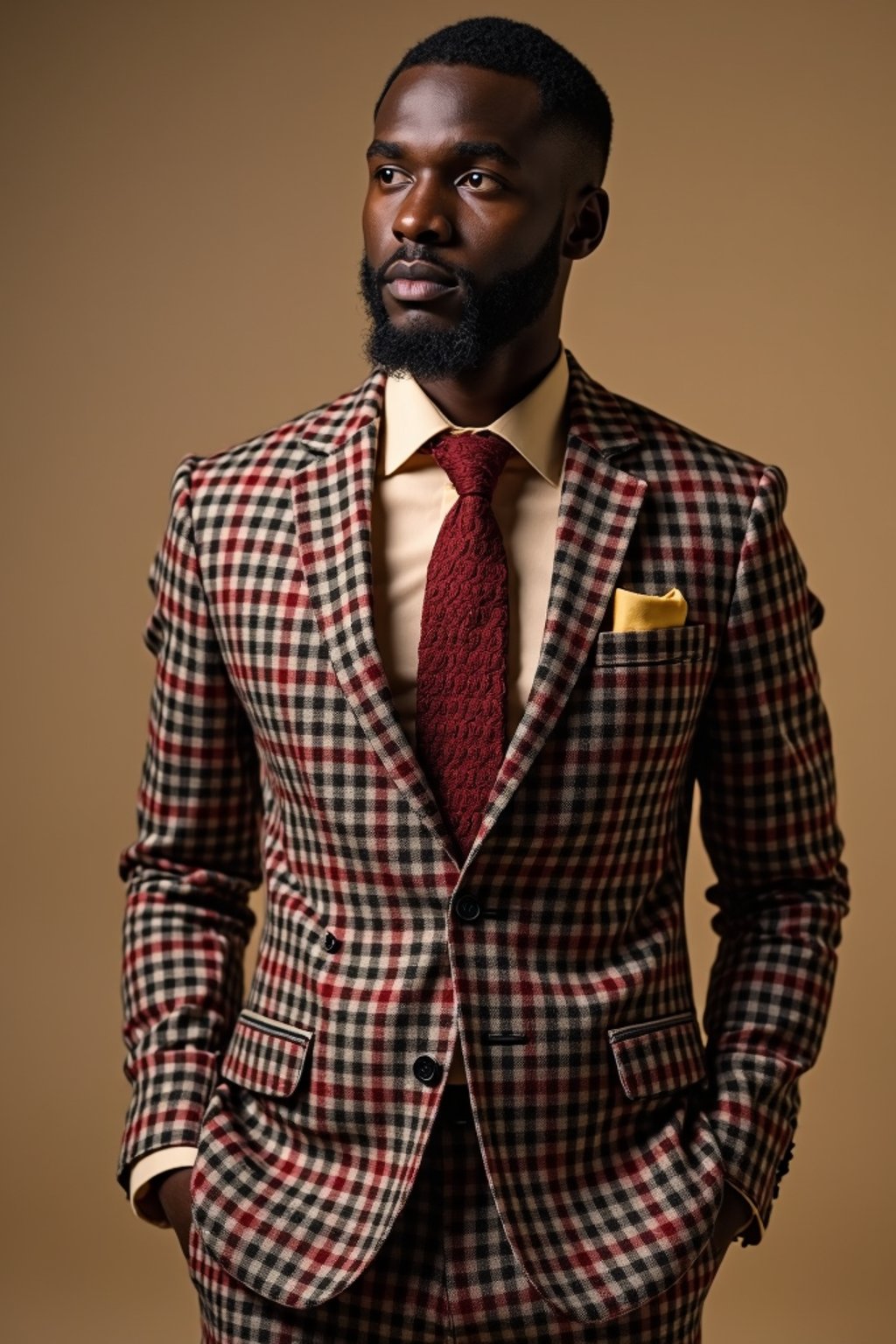 handsome and stylish man showcasing a dappersuit in a bold plaid pattern with a solid-colored shirt and a knitted tie