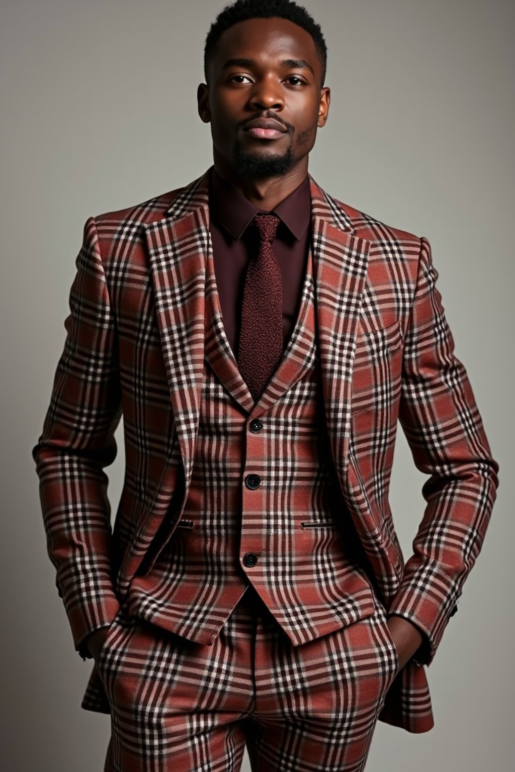 handsome and stylish man showcasing a dappersuit in a bold plaid pattern with a solid-colored shirt and a knitted tie