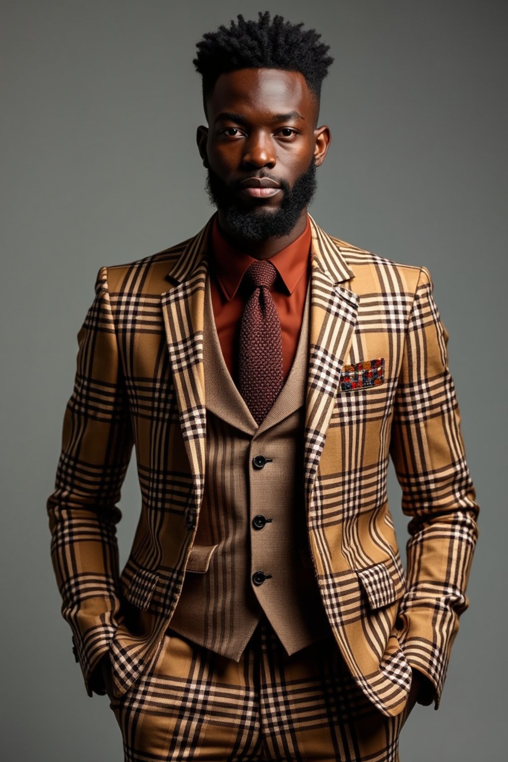 handsome and stylish man showcasing a dappersuit in a bold plaid pattern with a solid-colored shirt and a knitted tie