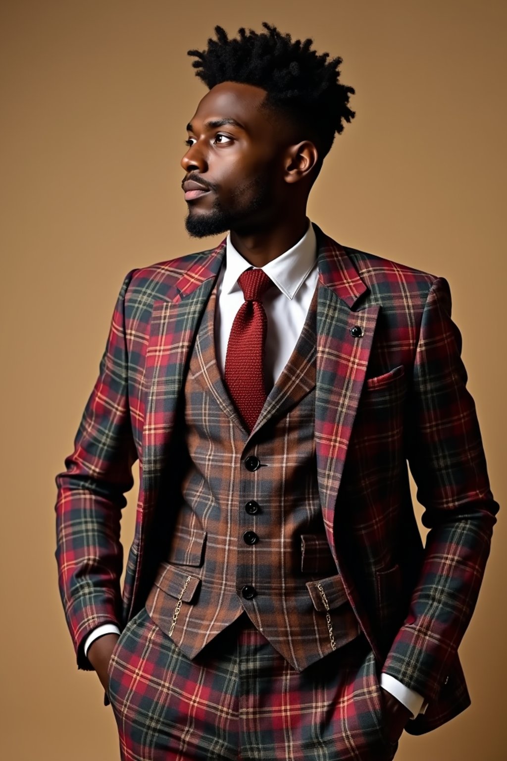 handsome and stylish man showcasing a dappersuit in a bold plaid pattern with a solid-colored shirt and a knitted tie