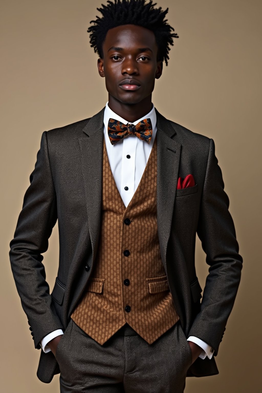 handsome and stylish man wearing a trendy tweed suit with a patterned bow tie and a contrasting vest