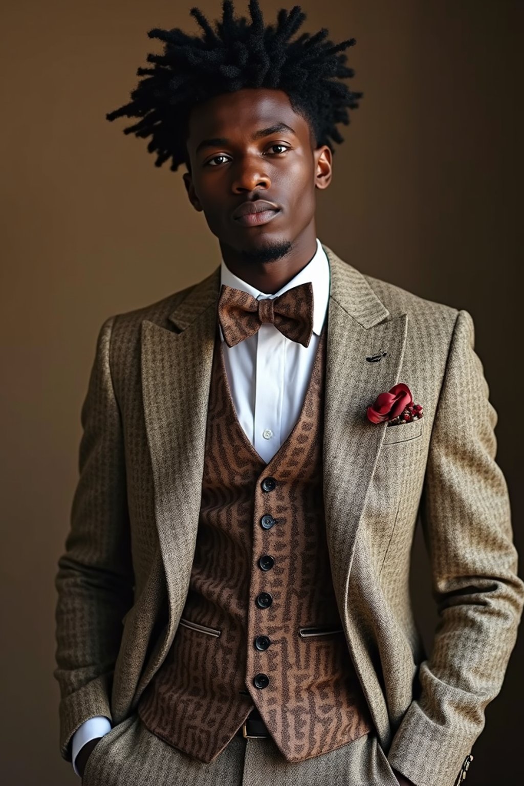 handsome and stylish man wearing a trendy tweed suit with a patterned bow tie and a contrasting vest