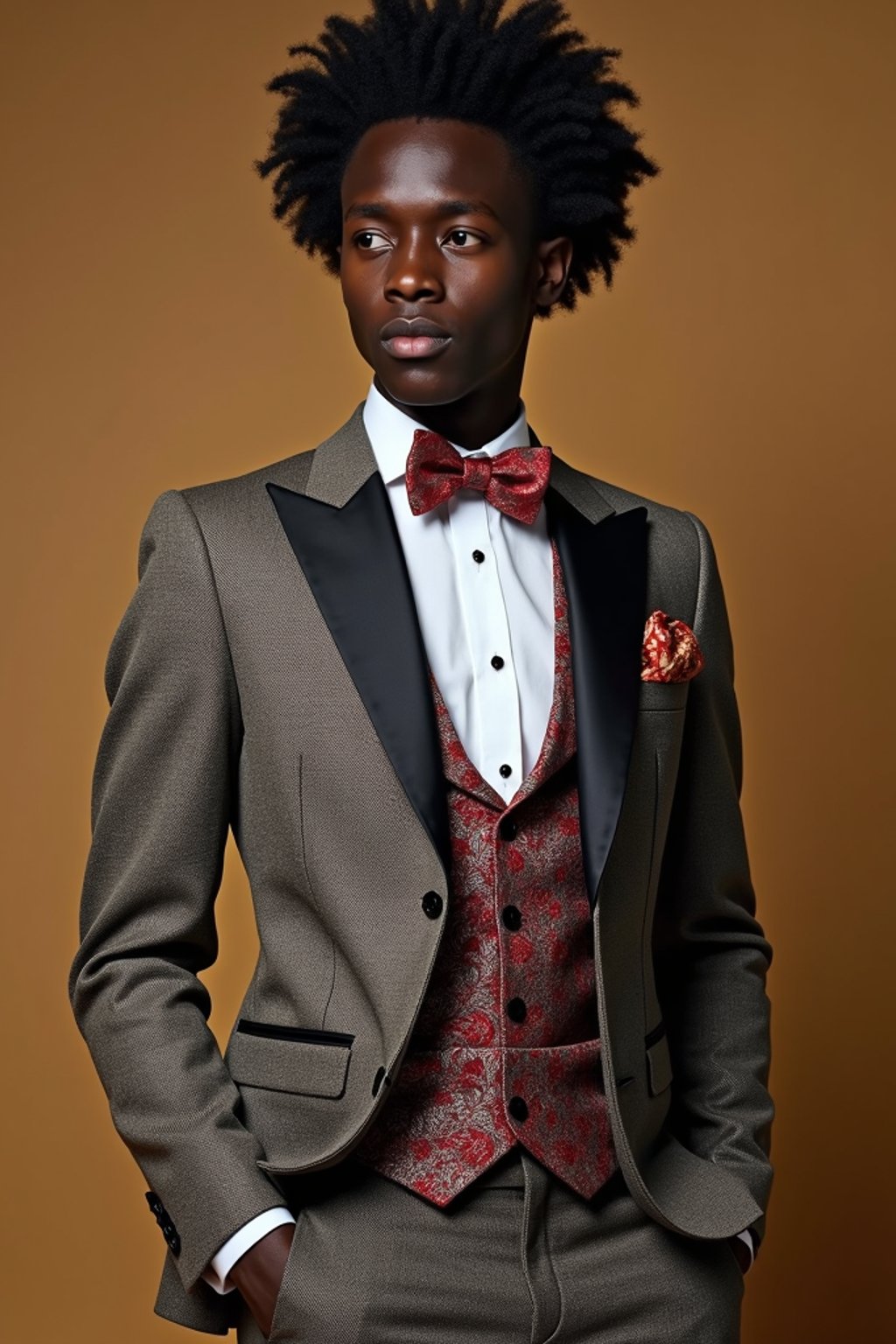 handsome and stylish man wearing a trendy tweed suit with a patterned bow tie and a contrasting vest