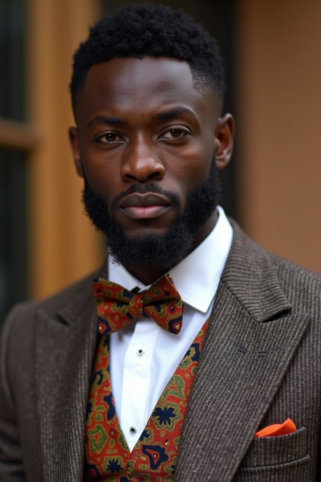 handsome and stylish man wearing a trendy tweed suit with a patterned bow tie and a contrasting vest