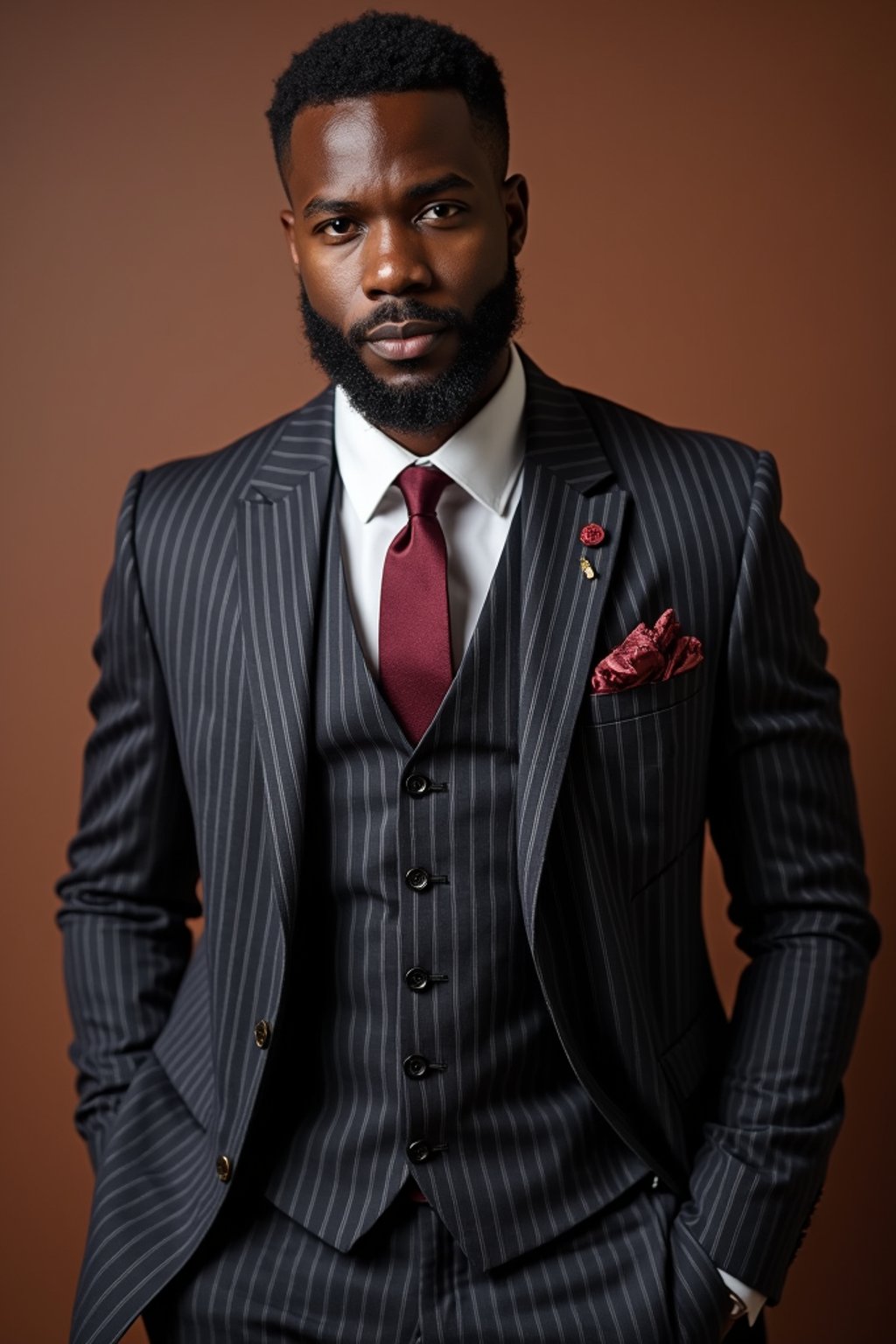 handsome and stylish man trying on a sophisticated pinstripe suit with a waistcoat and a burgundy tie