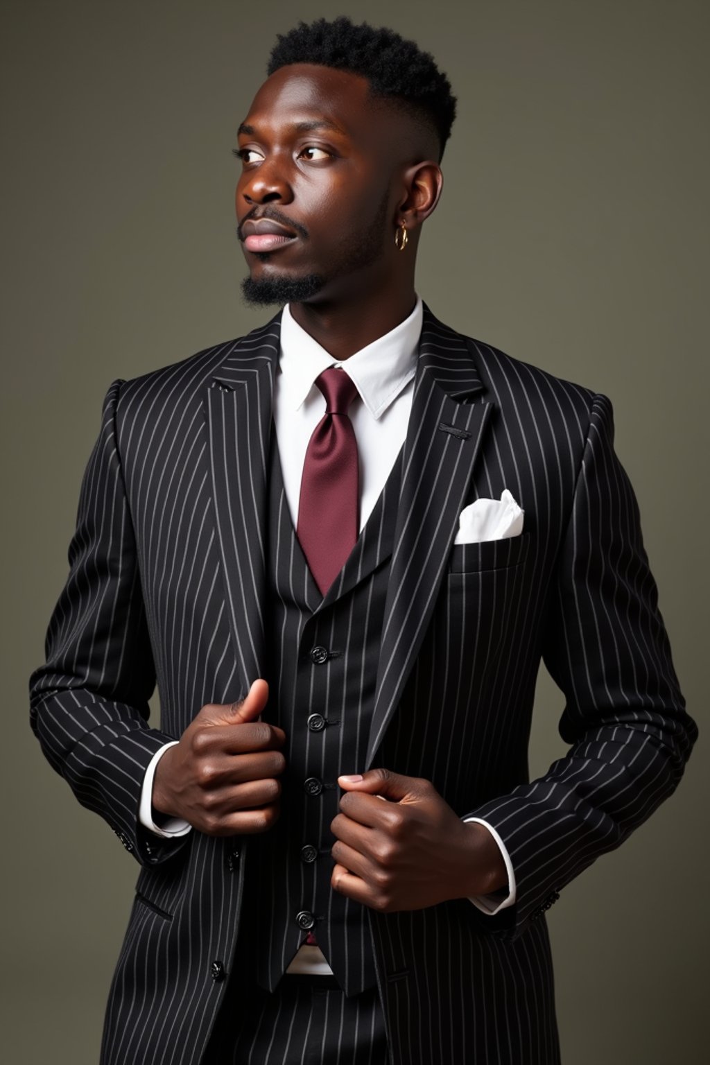 handsome and stylish man trying on a sophisticated pinstripe suit with a waistcoat and a burgundy tie