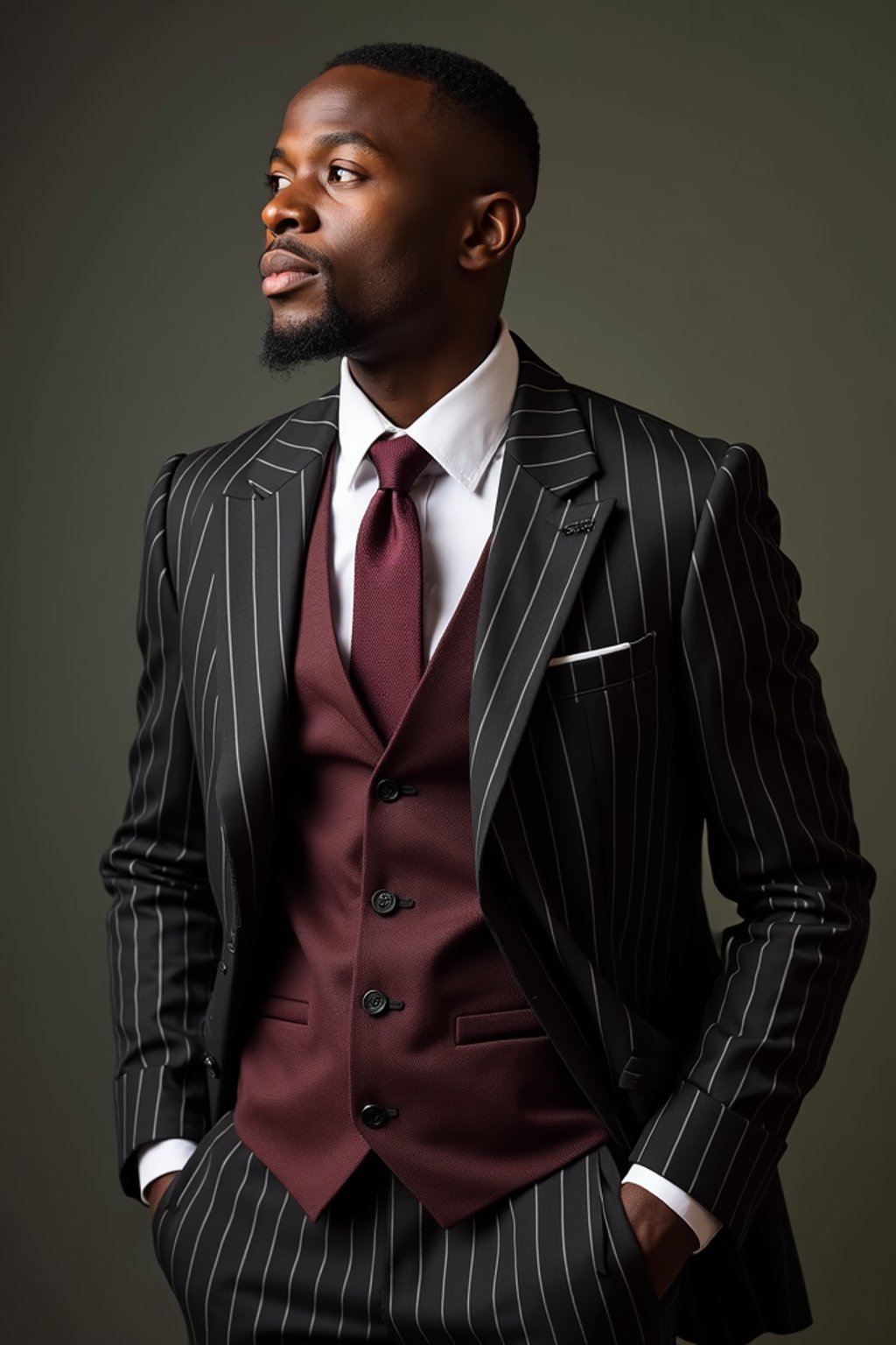 handsome and stylish man trying on a sophisticated pinstripe suit with a waistcoat and a burgundy tie