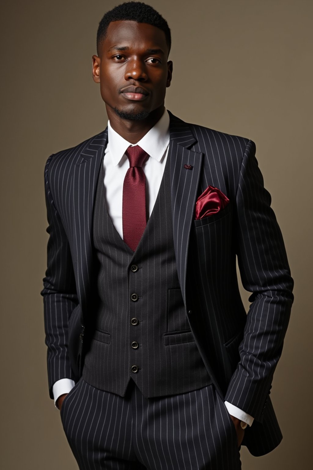 handsome and stylish man trying on a sophisticated pinstripe suit with a waistcoat and a burgundy tie