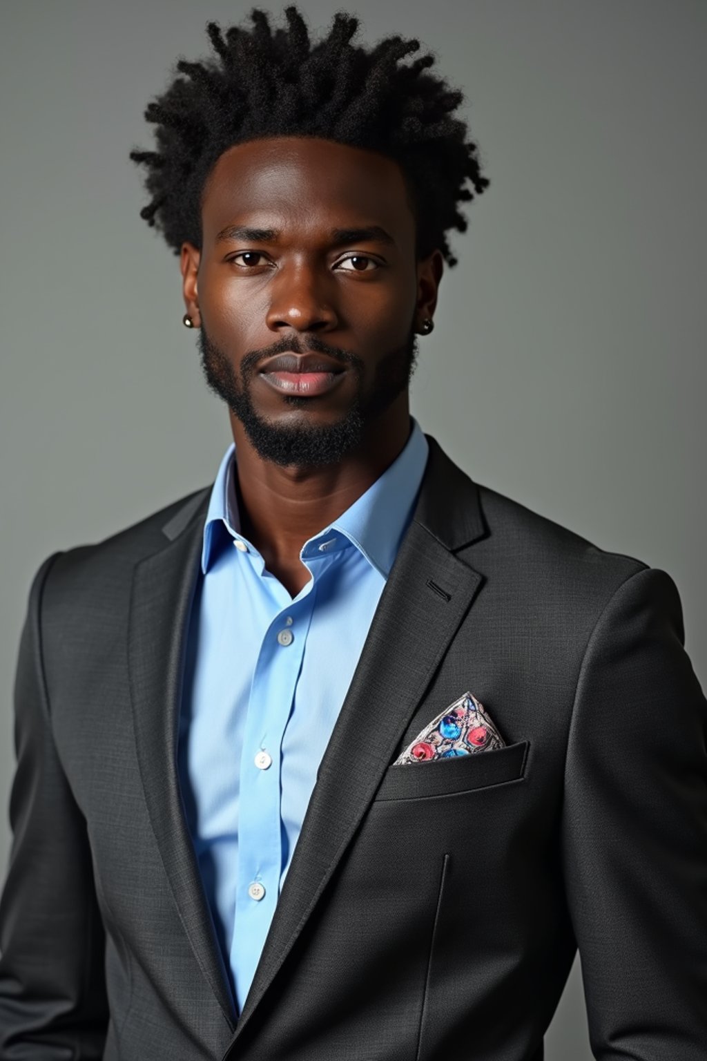 handsome and stylish man showcasing a modern slim-fit charcoal with a light blue dress shirt and a contrasting pocket square