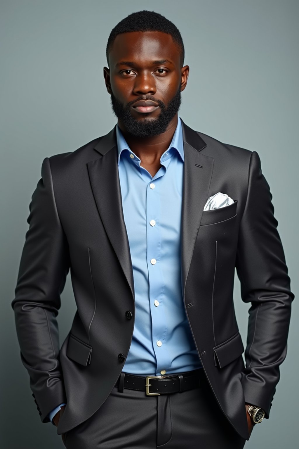 handsome and stylish man showcasing a modern slim-fit charcoal with a light blue dress shirt and a contrasting pocket square