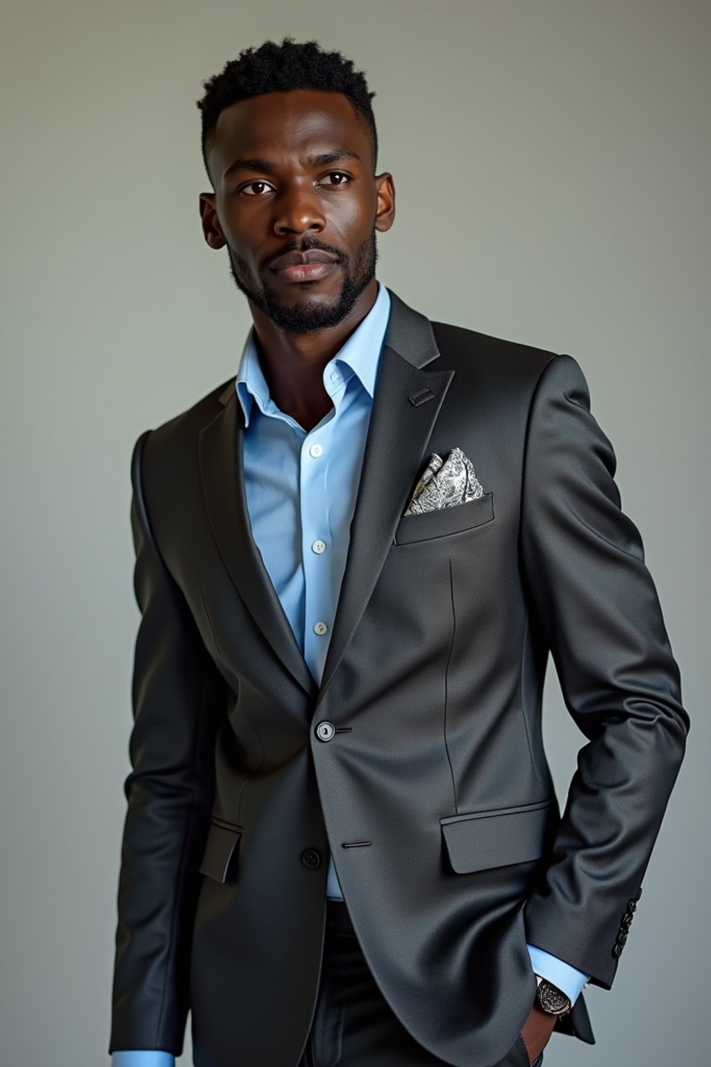 handsome and stylish man showcasing a modern slim-fit charcoal with a light blue dress shirt and a contrasting pocket square