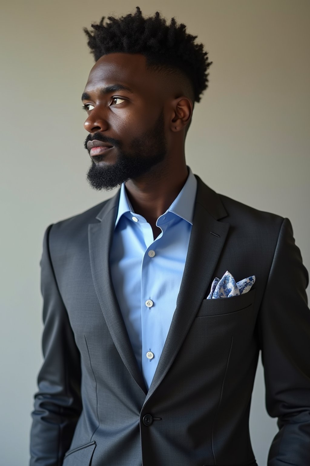 handsome and stylish man showcasing a modern slim-fit charcoal with a light blue dress shirt and a contrasting pocket square