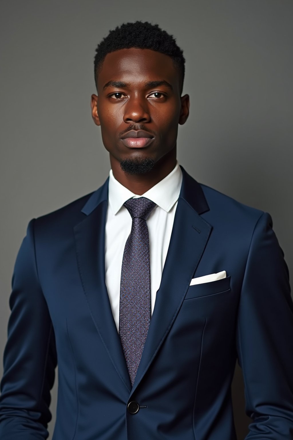 handsome and stylish man wearing a classic navy blue suit with a crisp white dress shirt and a patterned tie