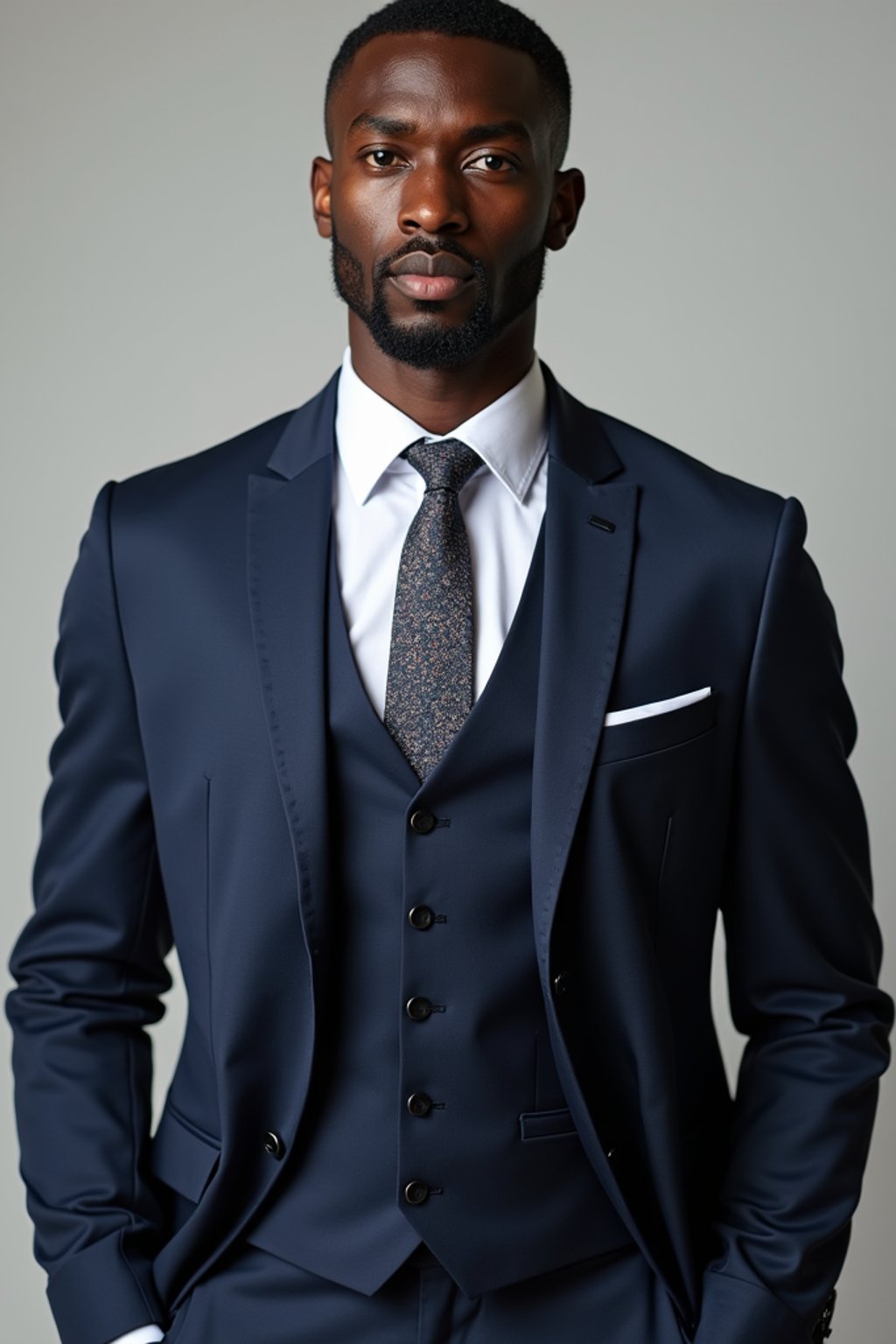 handsome and stylish man wearing a classic navy blue suit with a crisp white dress shirt and a patterned tie