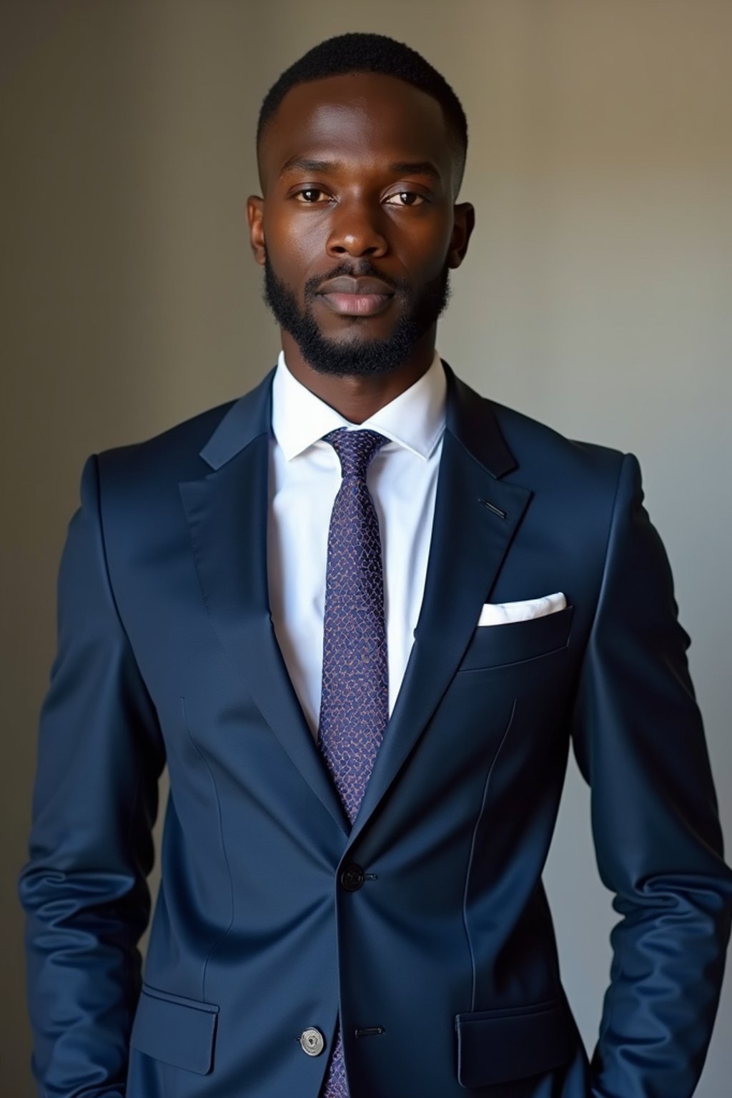 handsome and stylish man wearing a classic navy blue suit with a crisp white dress shirt and a patterned tie