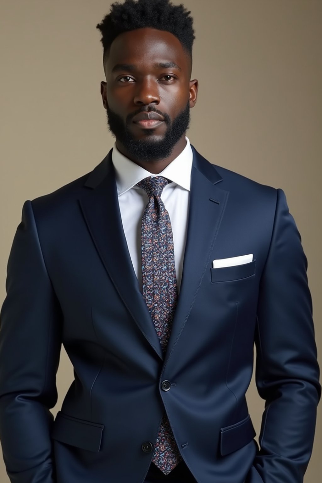 handsome and stylish man wearing a classic navy blue suit with a crisp white dress shirt and a patterned tie