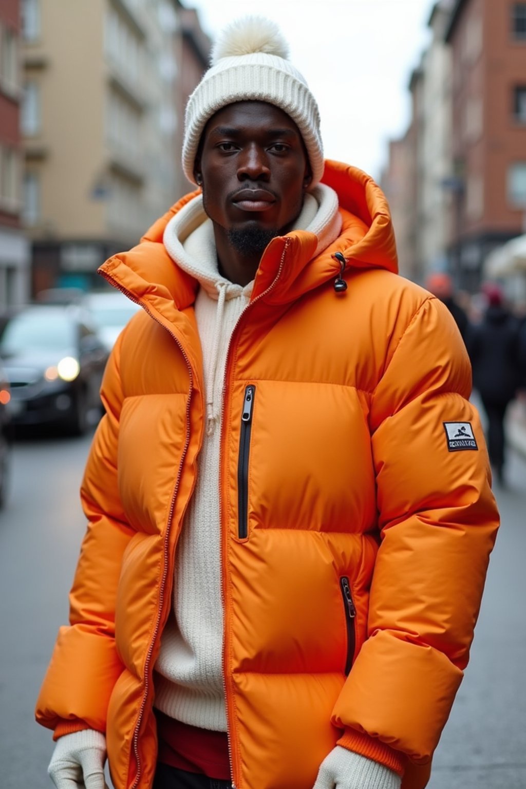 man wearing gorpcore aesthetic, functional outdoor clothing, bright colored puffer jacket, moonboots, beanie, white wool socks, outerwear, posing for photo in the street