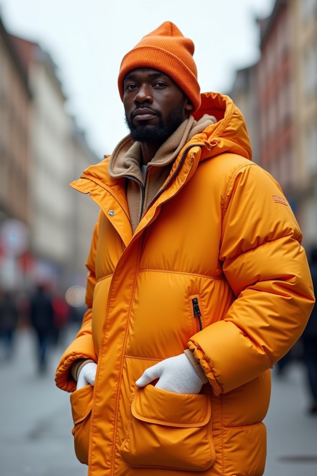 man wearing gorpcore aesthetic, functional outdoor clothing, bright colored puffer jacket, moonboots, beanie, white wool socks, outerwear, posing for photo in the street