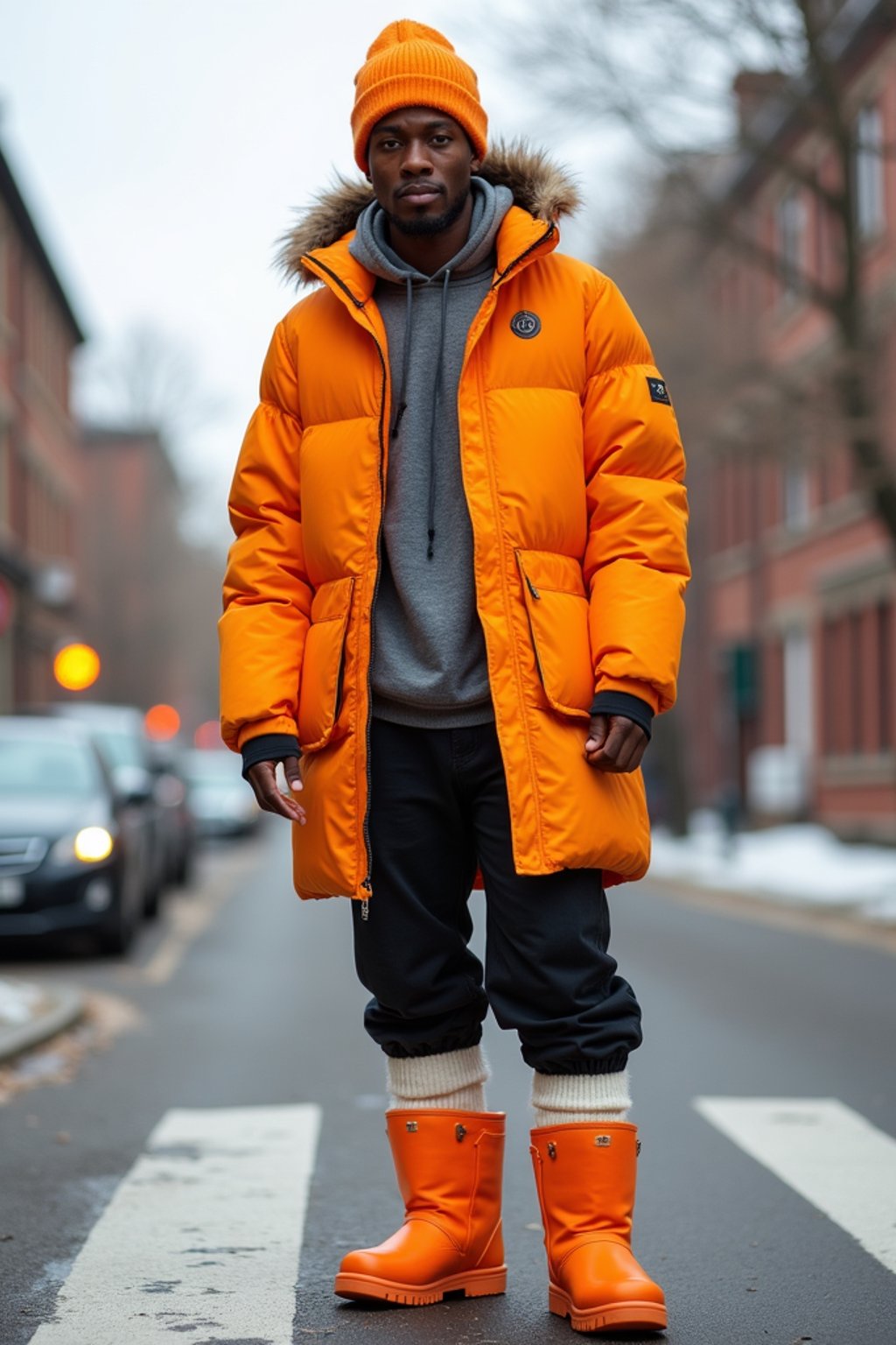 man wearing gorpcore aesthetic, functional outdoor clothing, bright colored puffer jacket, moonboots, beanie, white wool socks, outerwear, posing for photo in the street