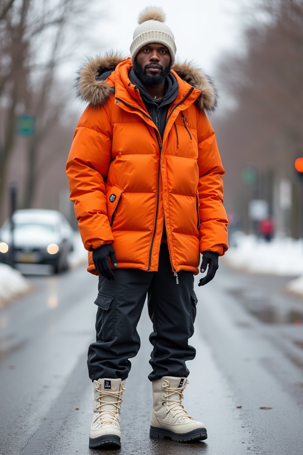 man wearing gorpcore aesthetic, functional outdoor clothing, bright colored puffer jacket, moonboots, beanie, white wool socks, outerwear, posing for photo in the street