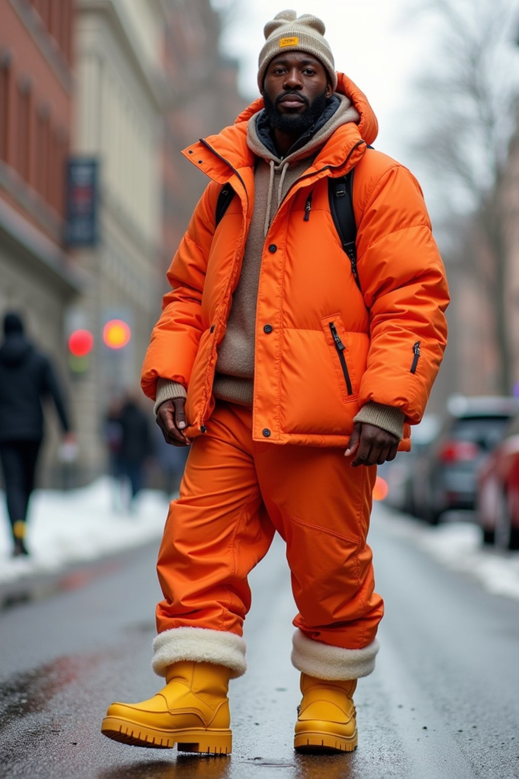 man wearing gorpcore aesthetic, functional outdoor clothing, bright colored puffer jacket, moonboots, beanie, white wool socks, outerwear, posing for photo in the street