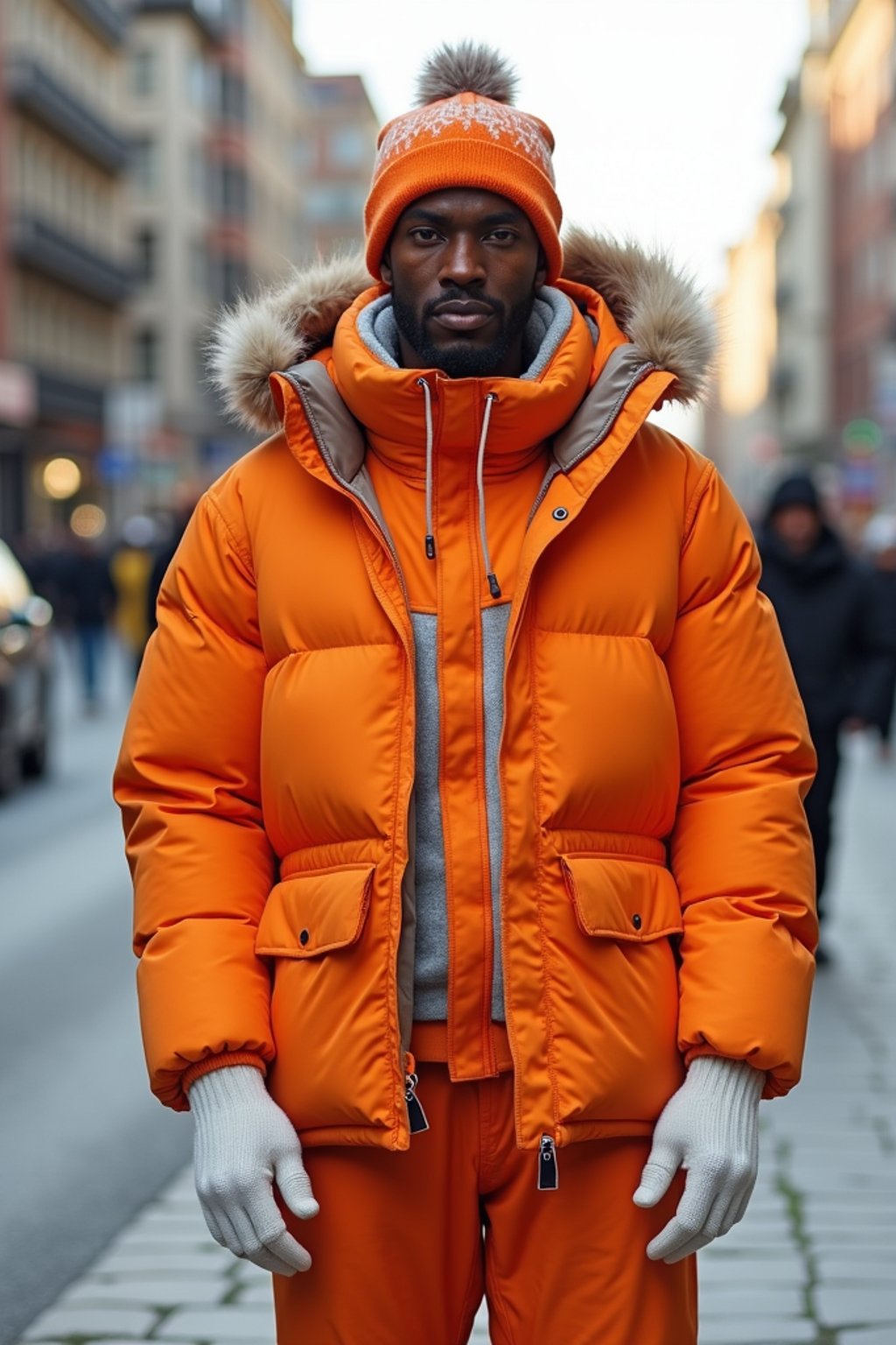 man wearing gorpcore aesthetic, functional outdoor clothing, bright colored puffer jacket, moonboots, beanie, white wool socks, outerwear, posing for photo in the street