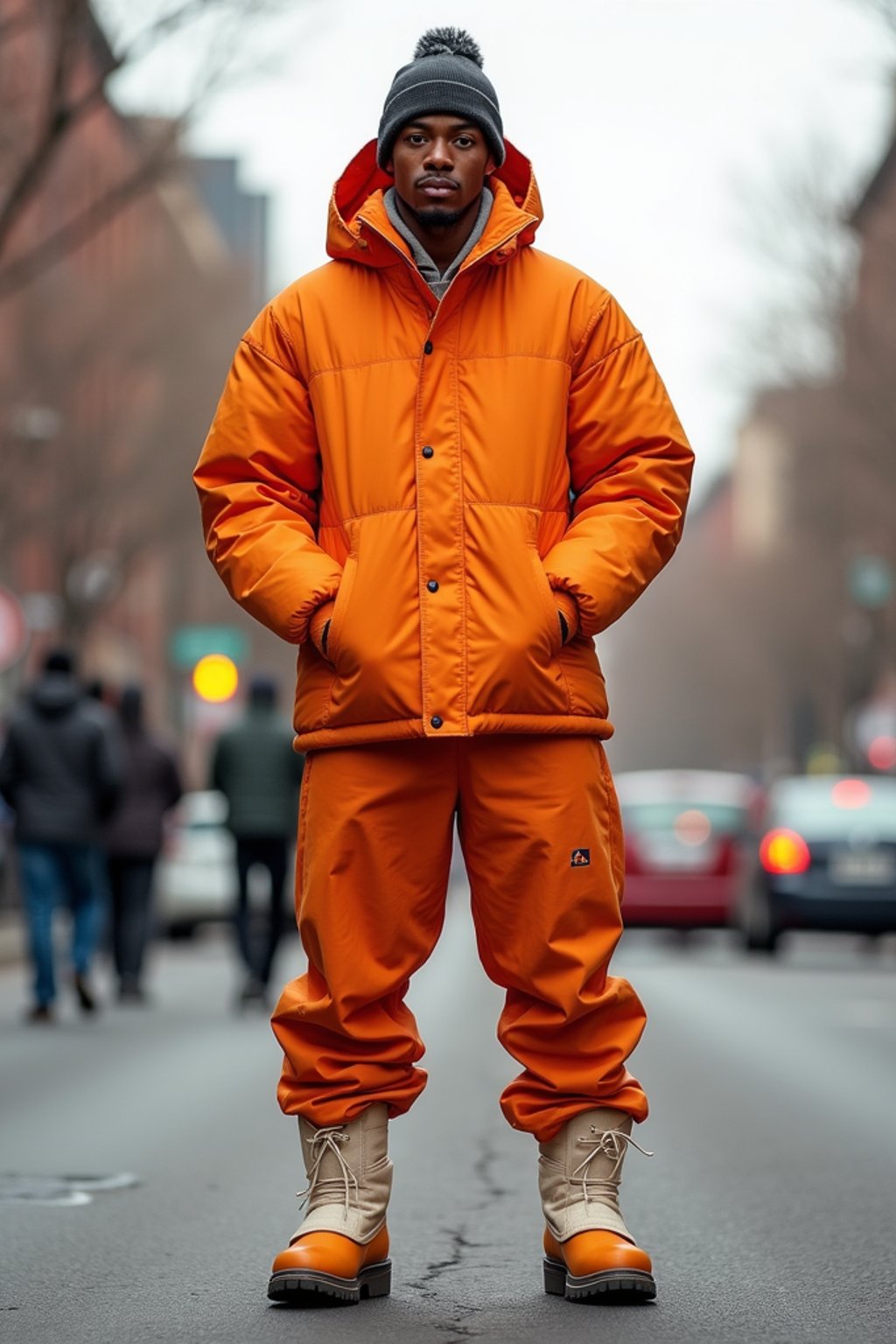 man wearing gorpcore aesthetic, functional outdoor clothing, bright colored puffer jacket, moonboots, beanie, white wool socks, outerwear, posing for photo in the street