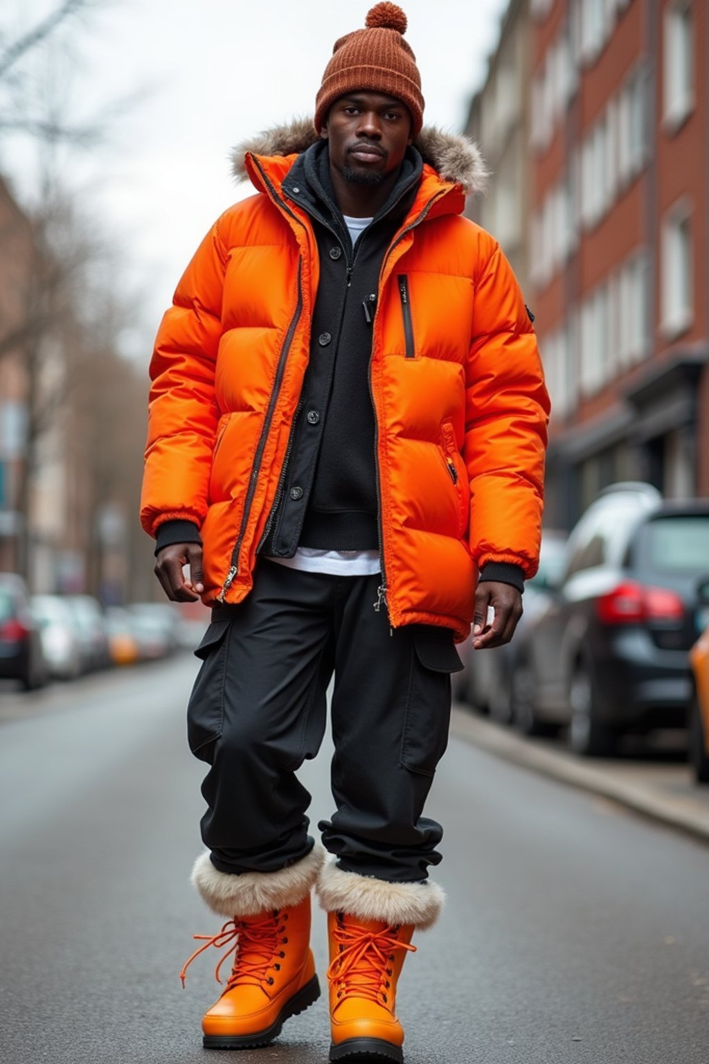 man wearing gorpcore aesthetic, functional outdoor clothing, bright colored puffer jacket, moonboots, beanie, white wool socks, outerwear, posing for photo in the street