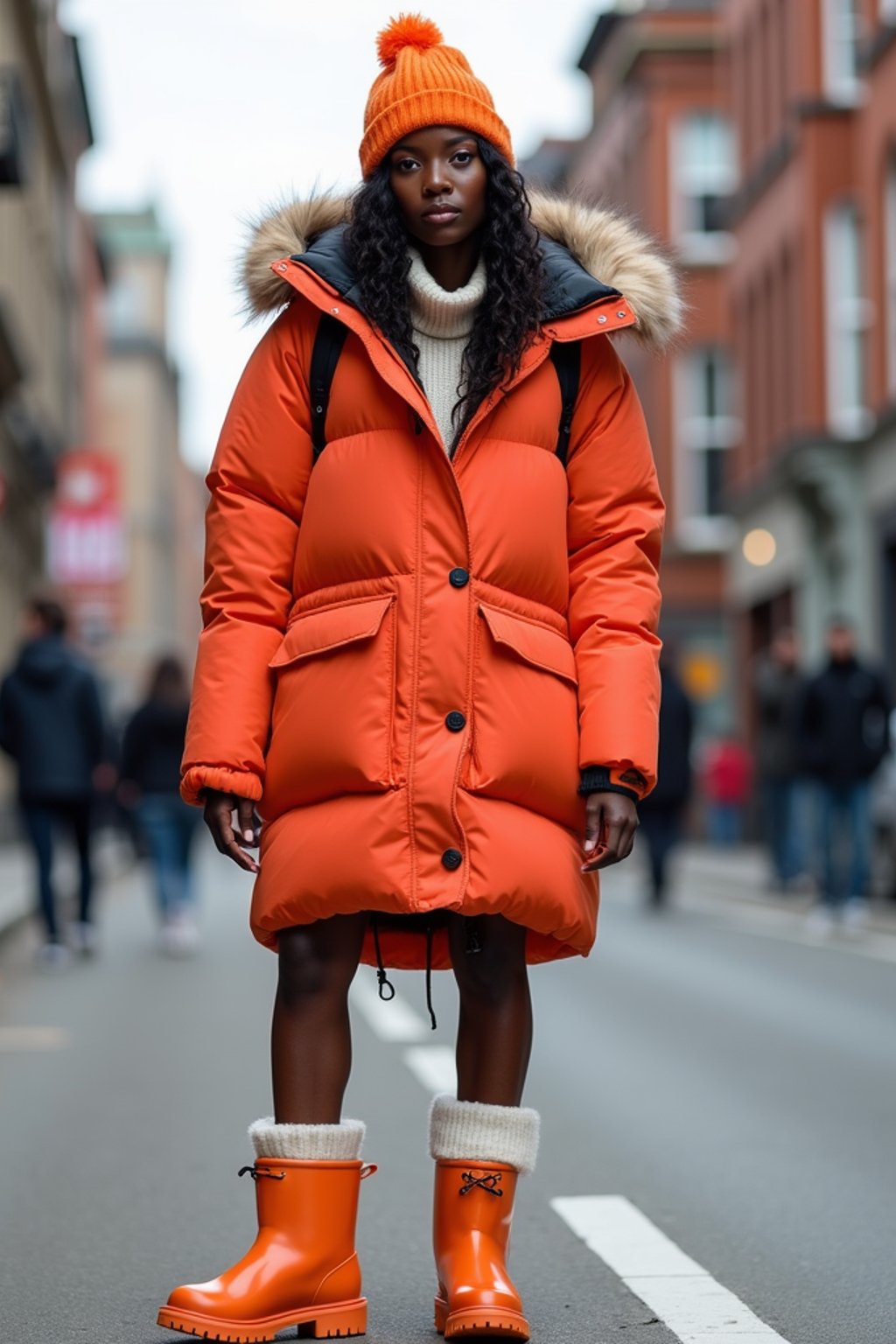 woman wearing gorpcore aesthetic, functional outdoor clothing, bright colored puffer jacket, moonboots, beanie, white wool socks, outerwear, posing for photo in the street