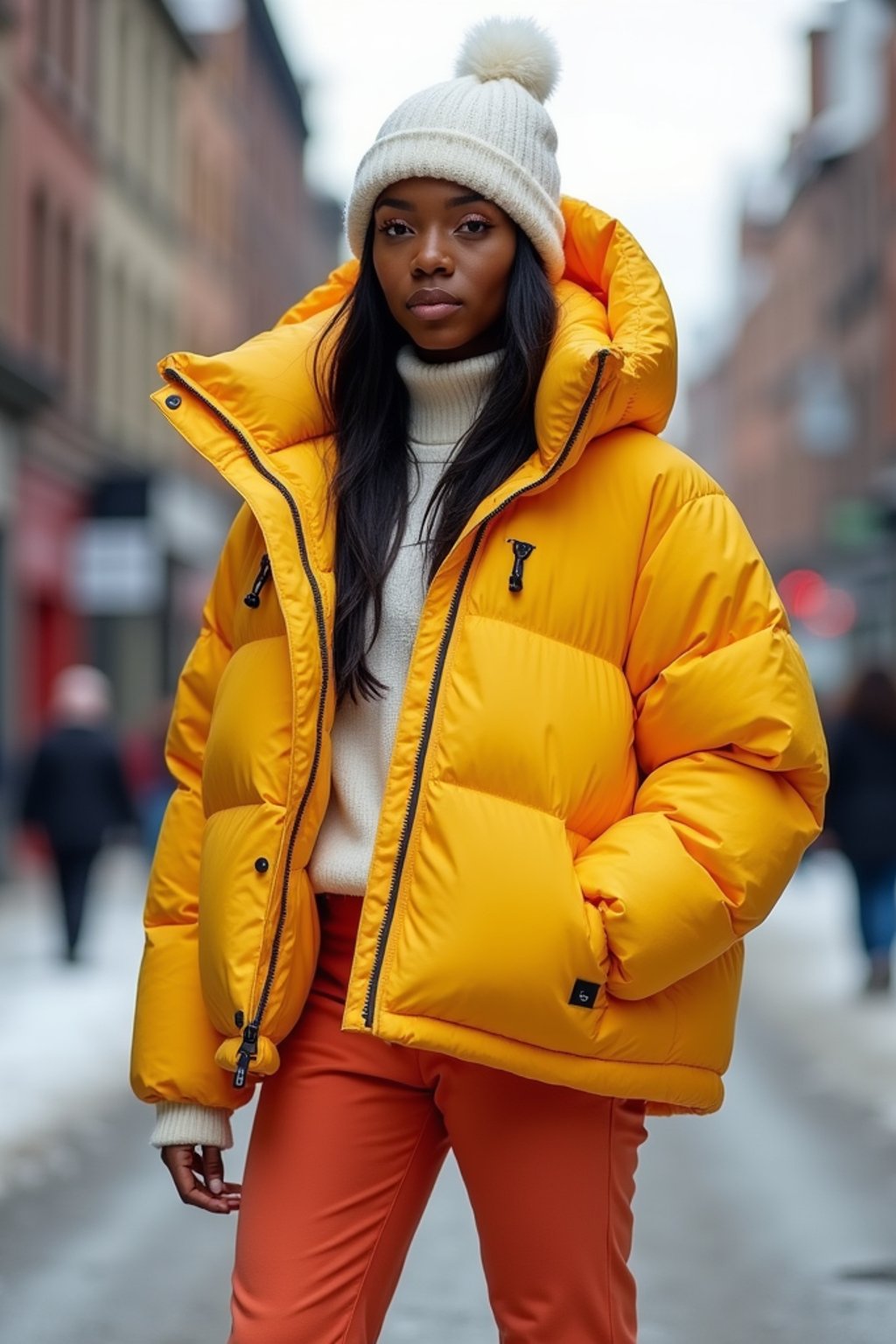 woman wearing gorpcore aesthetic, functional outdoor clothing, bright colored puffer jacket, moonboots, beanie, white wool socks, outerwear, posing for photo in the street