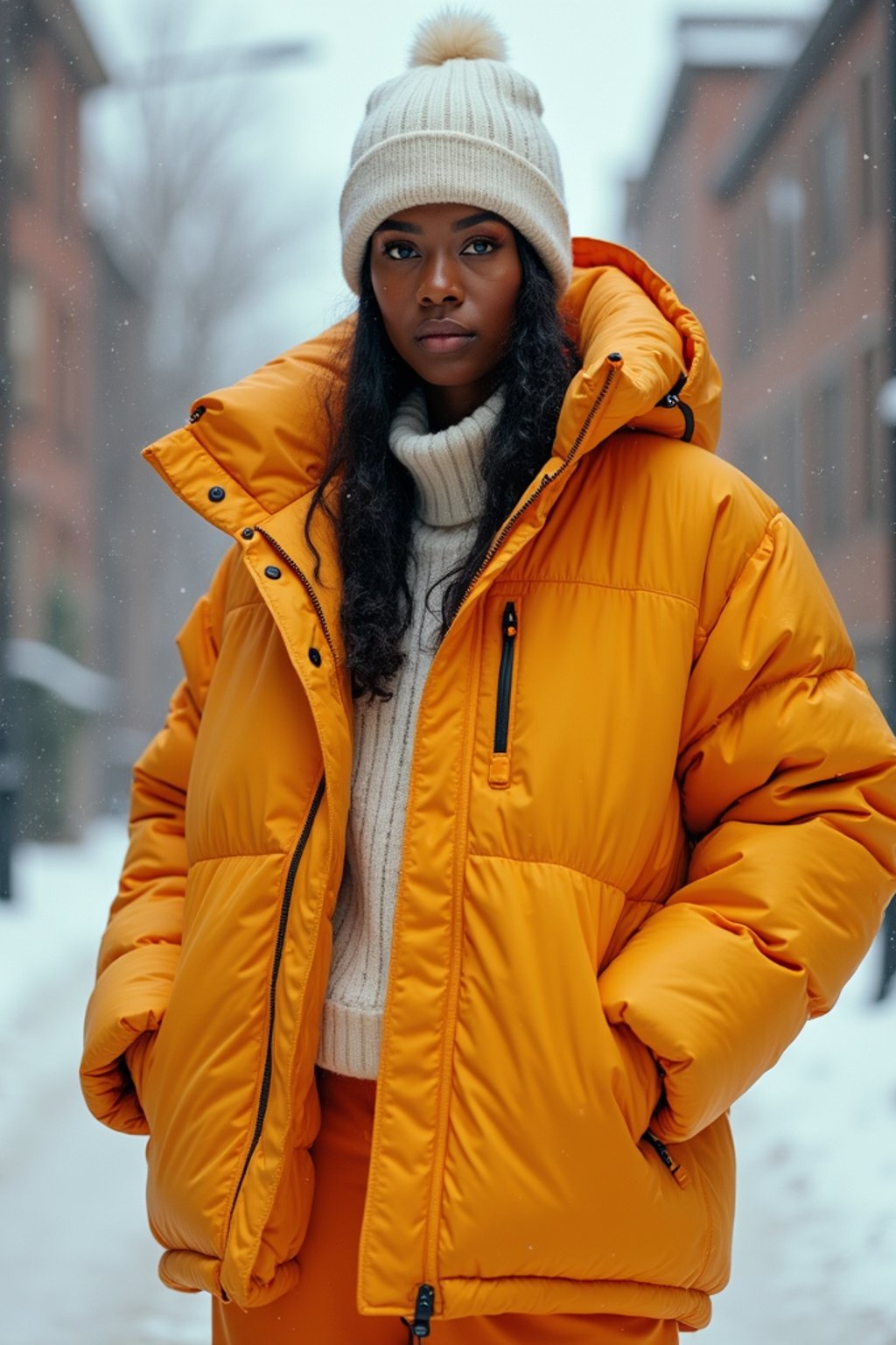 woman wearing gorpcore aesthetic, functional outdoor clothing, bright colored puffer jacket, moonboots, beanie, white wool socks, outerwear, posing for photo in the street