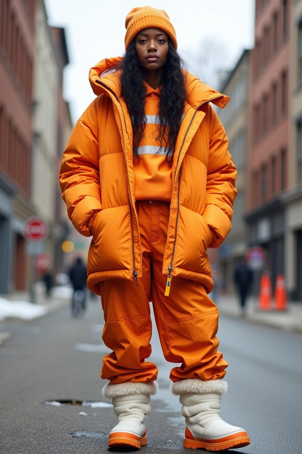 woman wearing gorpcore aesthetic, functional outdoor clothing, bright colored puffer jacket, moonboots, beanie, white wool socks, outerwear, posing for photo in the street