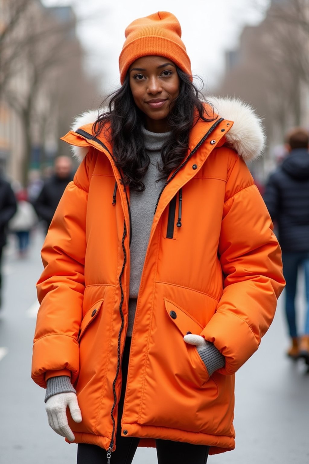 woman wearing gorpcore aesthetic, functional outdoor clothing, bright colored puffer jacket, moonboots, beanie, white wool socks, outerwear, posing for photo in the street