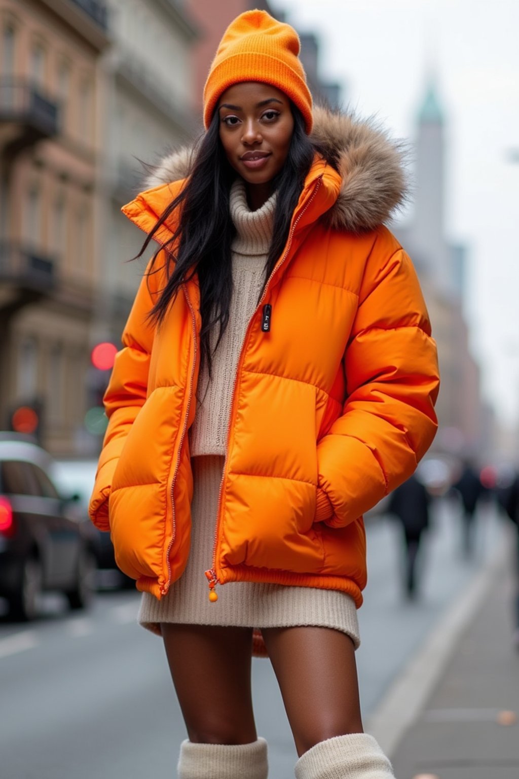 woman wearing gorpcore aesthetic, functional outdoor clothing, bright colored puffer jacket, moonboots, beanie, white wool socks, outerwear, posing for photo in the street