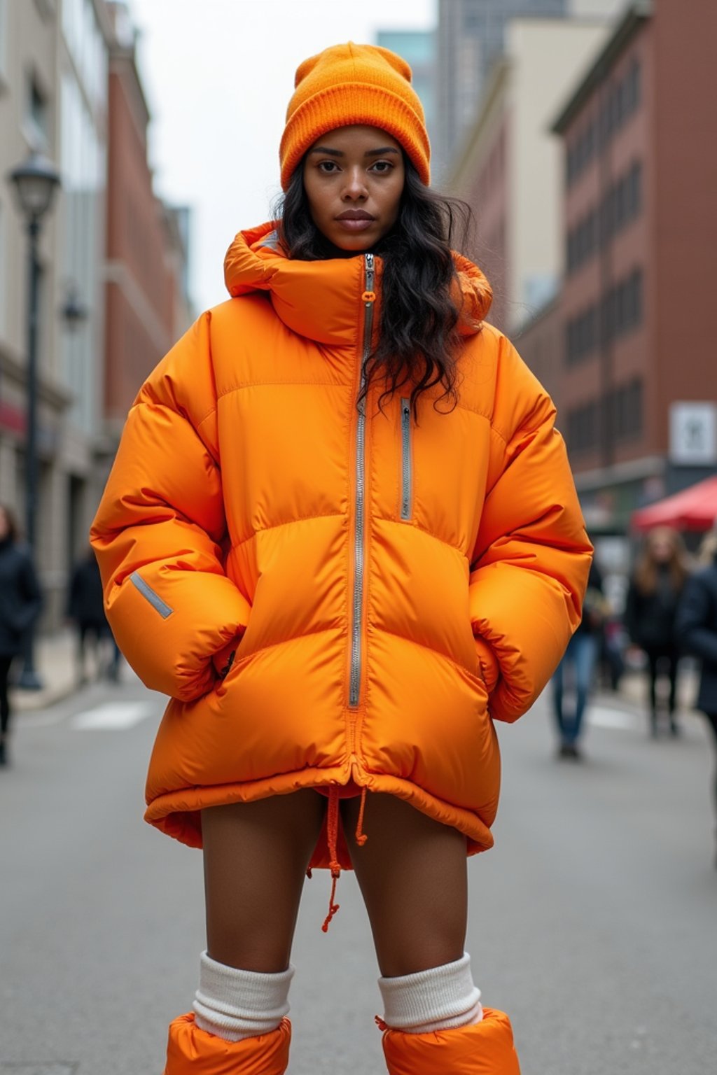 woman wearing gorpcore aesthetic, functional outdoor clothing, bright colored puffer jacket, moonboots, beanie, white wool socks, outerwear, posing for photo in the street