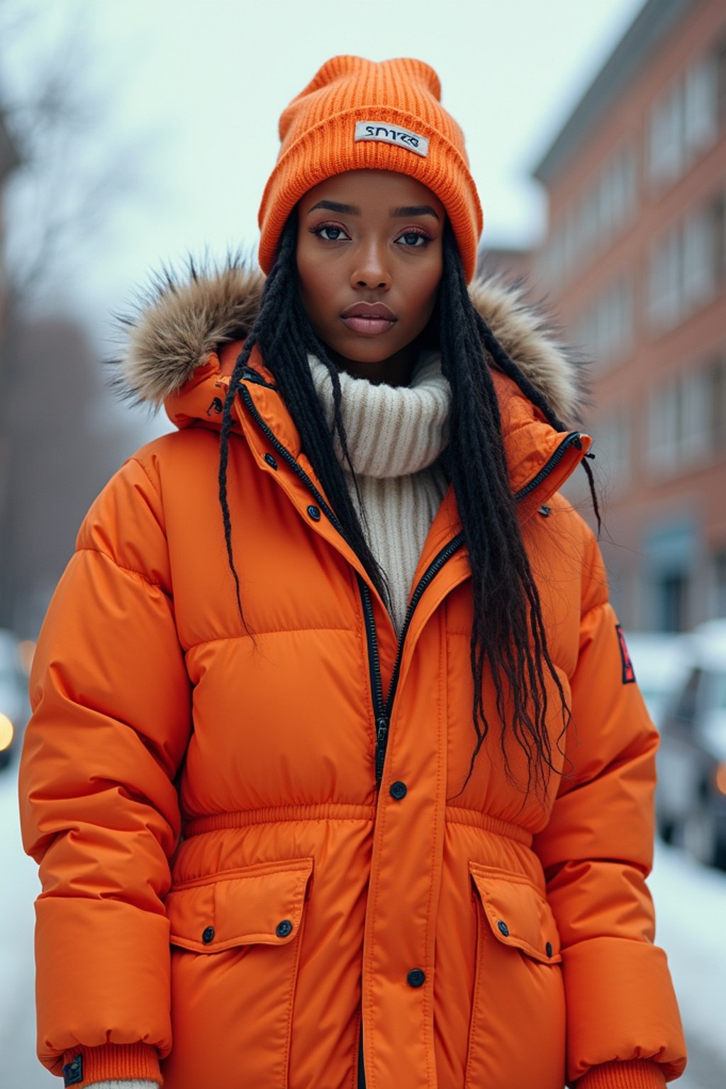 woman wearing gorpcore aesthetic, functional outdoor clothing, bright colored puffer jacket, moonboots, beanie, white wool socks, outerwear, posing for photo in the street