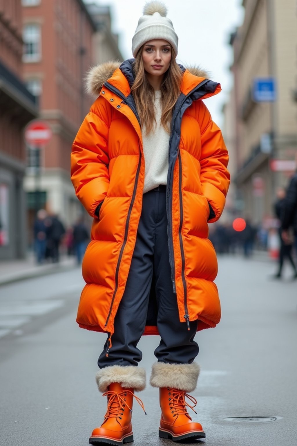 woman wearing gorpcore aesthetic, functional outdoor clothing, bright colored puffer jacket, moonboots, beanie, white wool socks, outerwear, posing for photo in the street