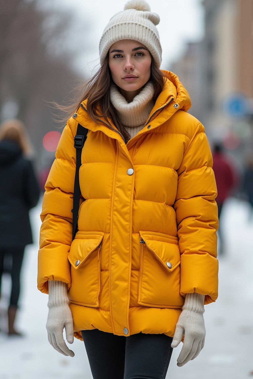 woman wearing gorpcore aesthetic, functional outdoor clothing, bright colored puffer jacket, moonboots, beanie, white wool socks, outerwear, posing for photo in the street