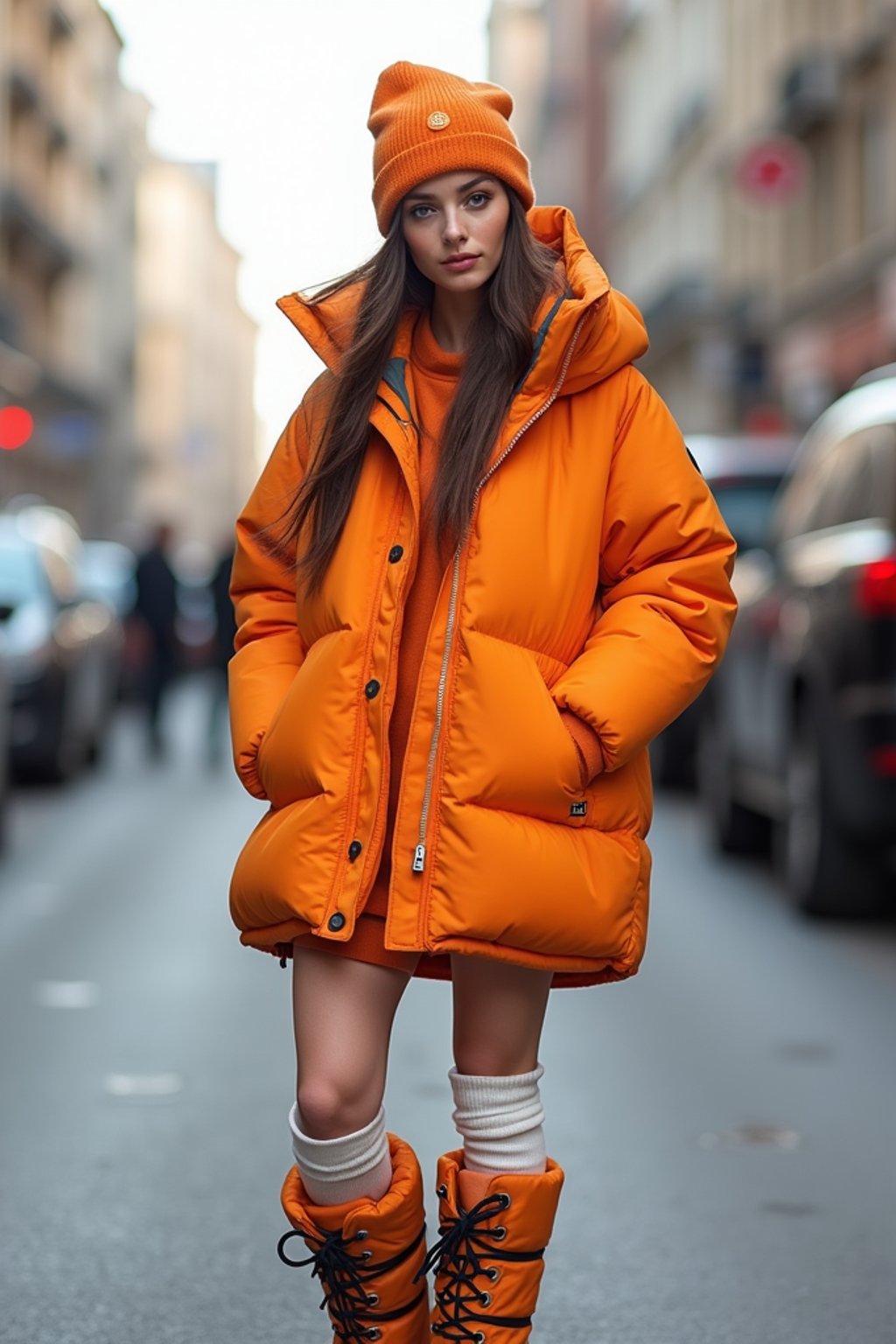 woman wearing gorpcore aesthetic, functional outdoor clothing, bright colored puffer jacket, moonboots, beanie, white wool socks, outerwear, posing for photo in the street