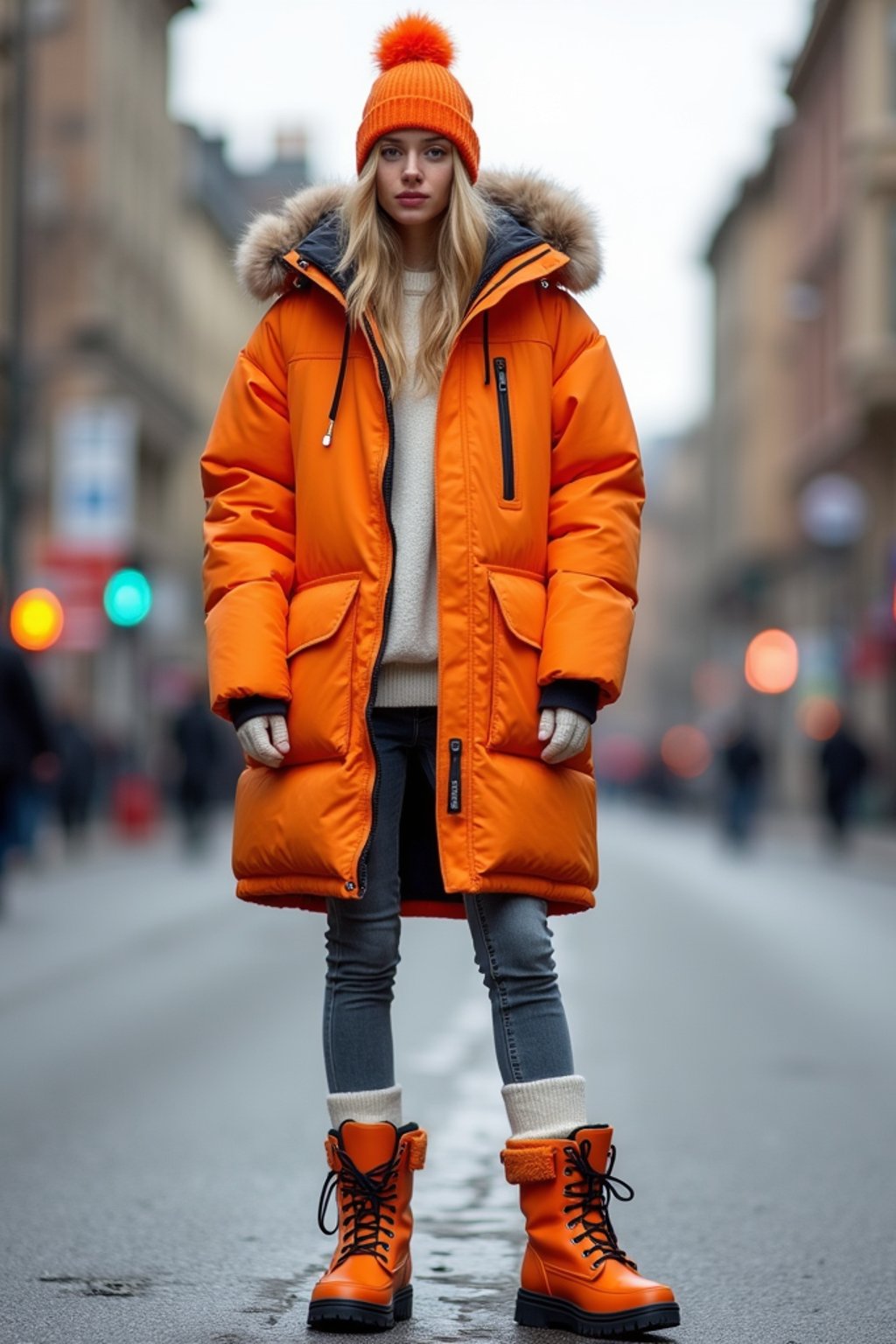 woman wearing gorpcore aesthetic, functional outdoor clothing, bright colored puffer jacket, moonboots, beanie, white wool socks, outerwear, posing for photo in the street