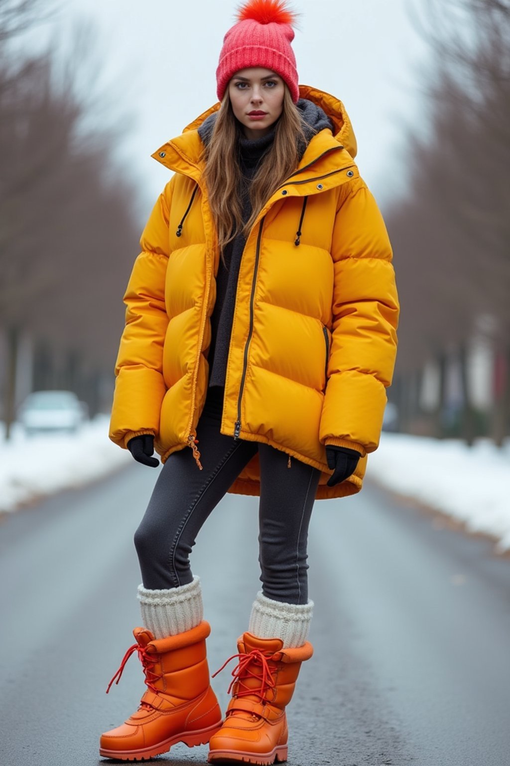 woman wearing gorpcore aesthetic, functional outdoor clothing, bright colored puffer jacket, moonboots, beanie, white wool socks, outerwear, posing for photo in the street