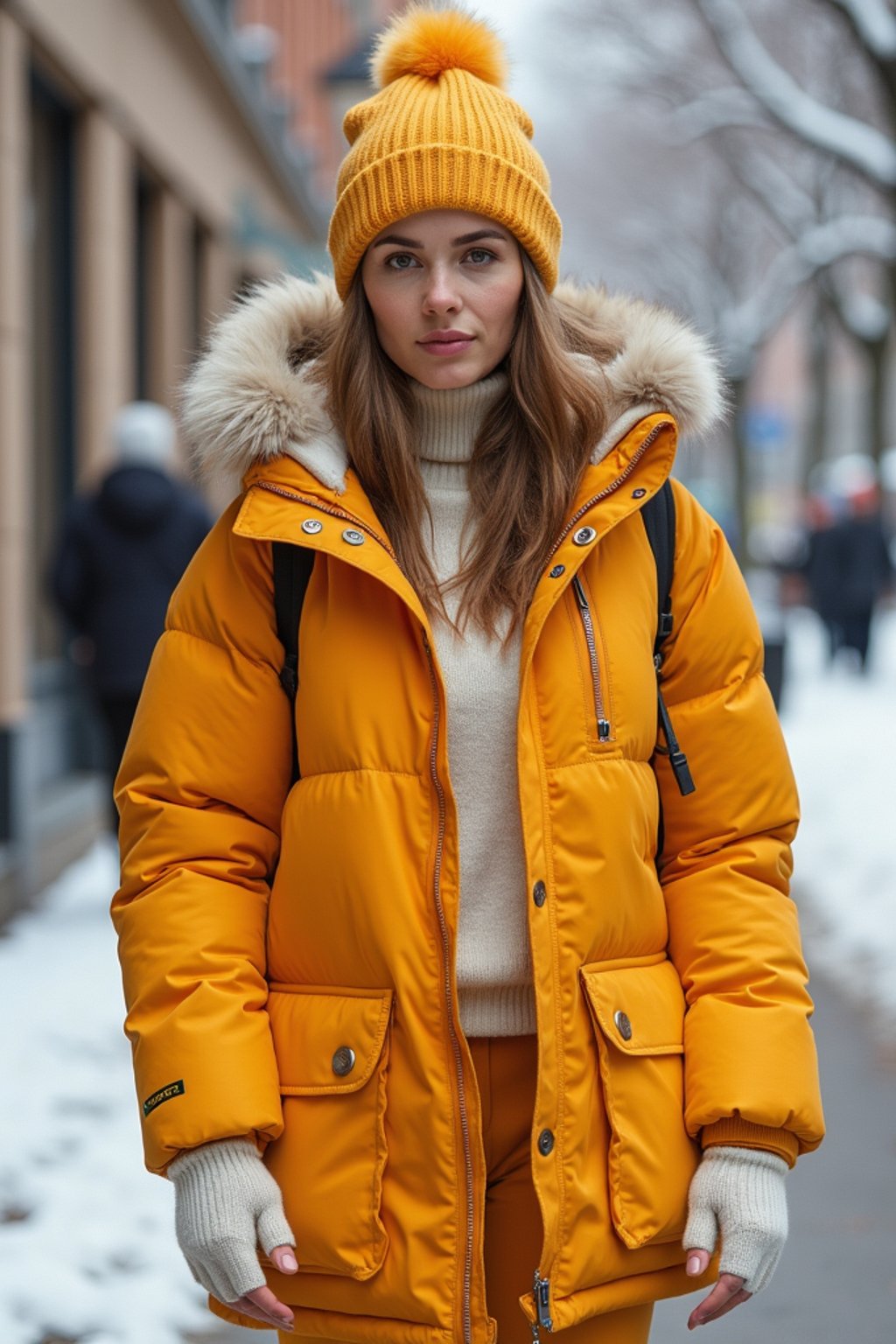 woman wearing gorpcore aesthetic, functional outdoor clothing, bright colored puffer jacket, moonboots, beanie, white wool socks, outerwear, posing for photo in the street