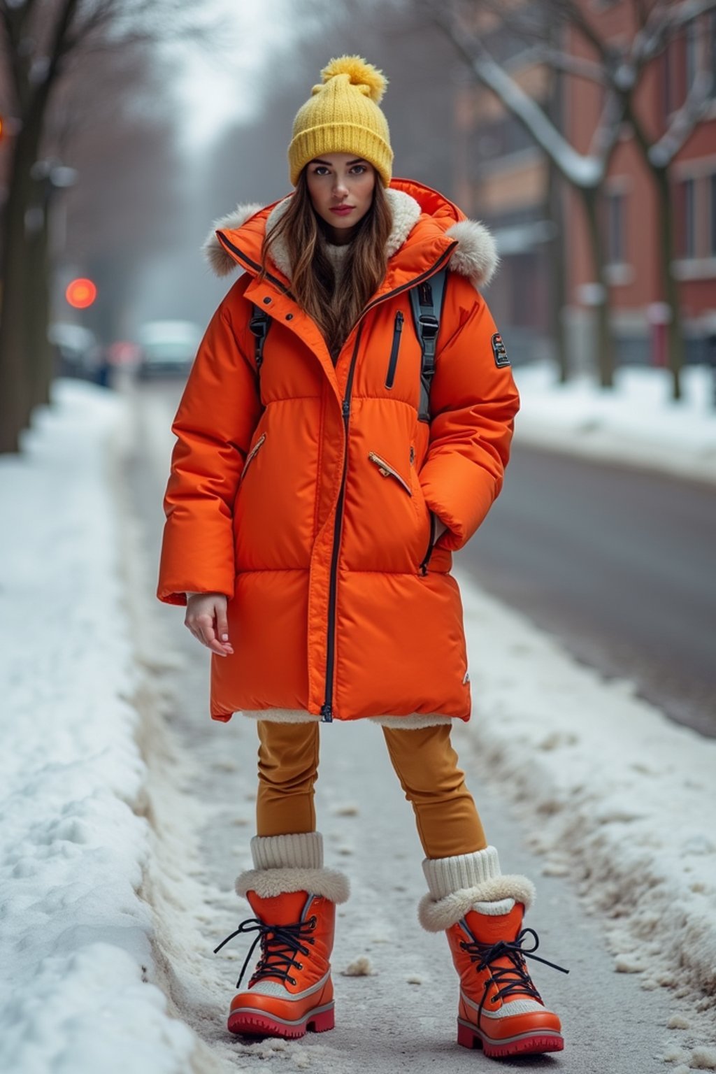 woman wearing gorpcore aesthetic, functional outdoor clothing, bright colored puffer jacket, moonboots, beanie, white wool socks, outerwear, posing for photo in the street