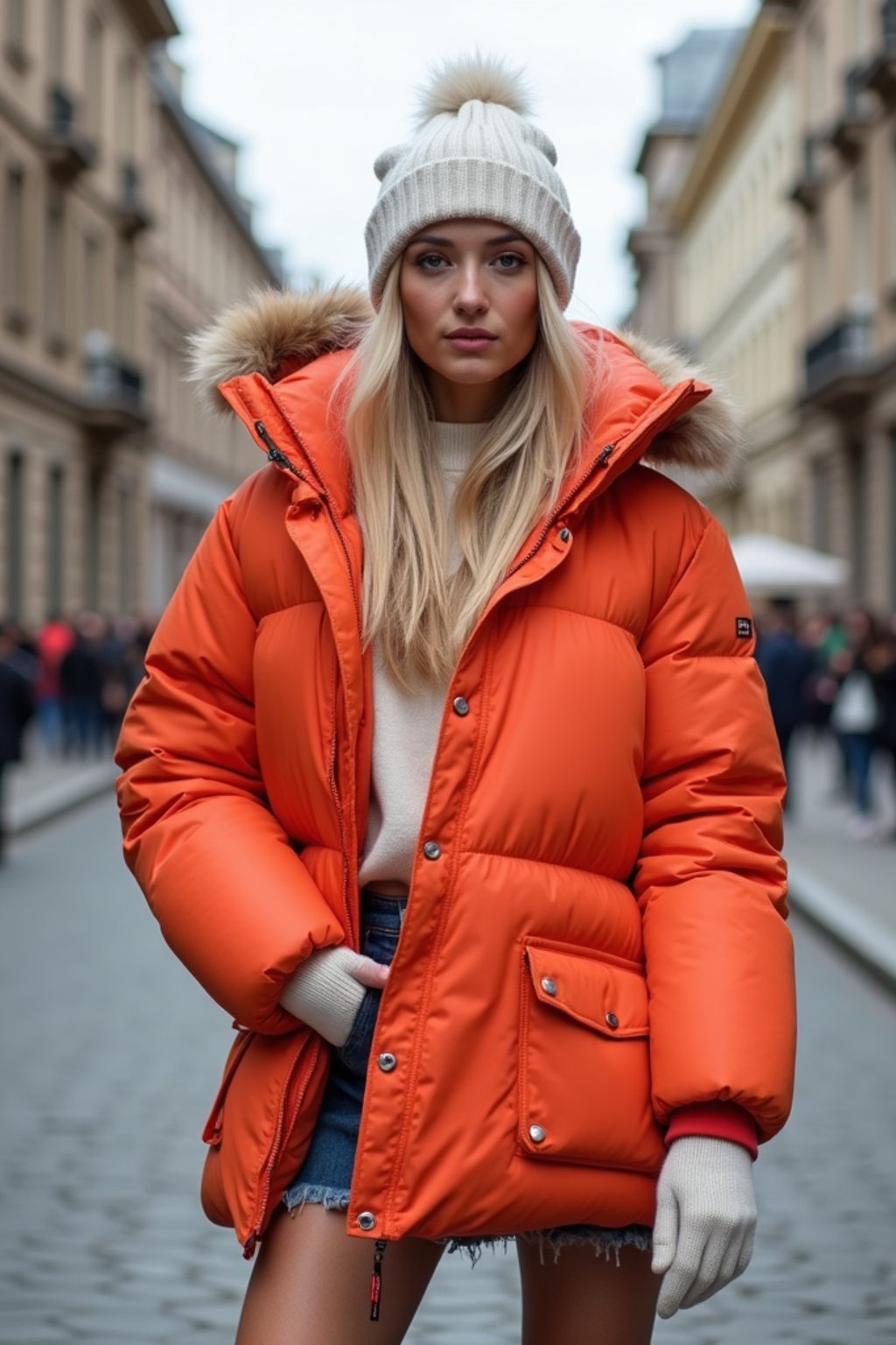 woman wearing gorpcore aesthetic, functional outdoor clothing, bright colored puffer jacket, moonboots, beanie, white wool socks, outerwear, posing for photo in the street