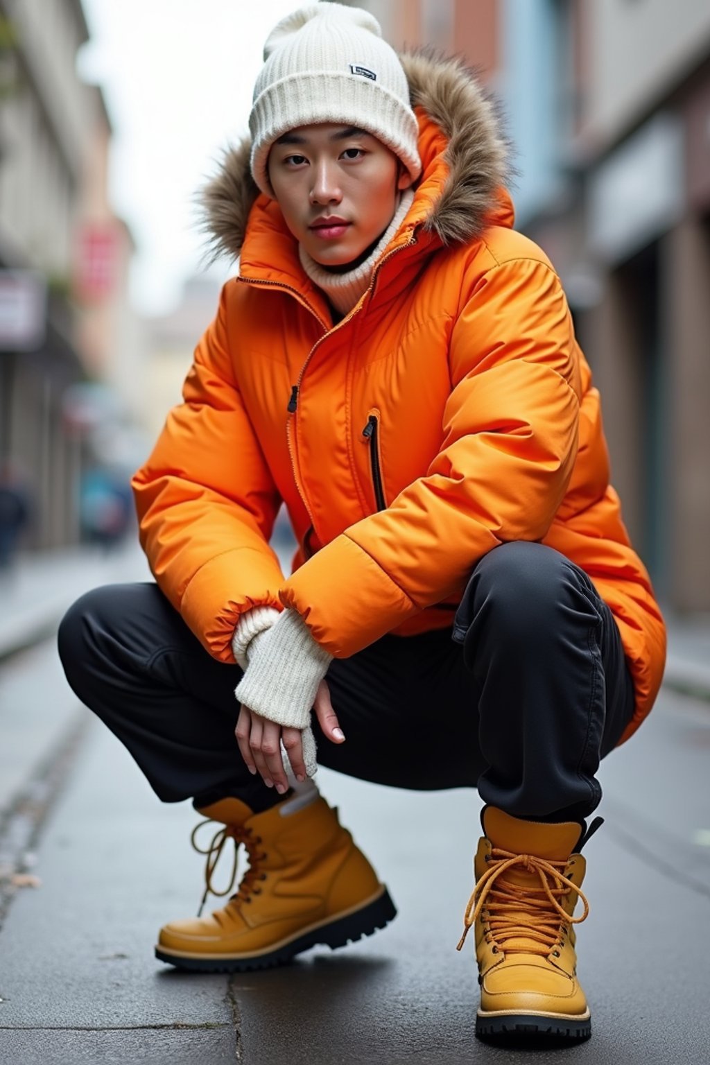 man wearing gorpcore aesthetic, functional outdoor clothing, bright colored puffer jacket, moonboots, beanie, white wool socks, outerwear, posing for photo in the street