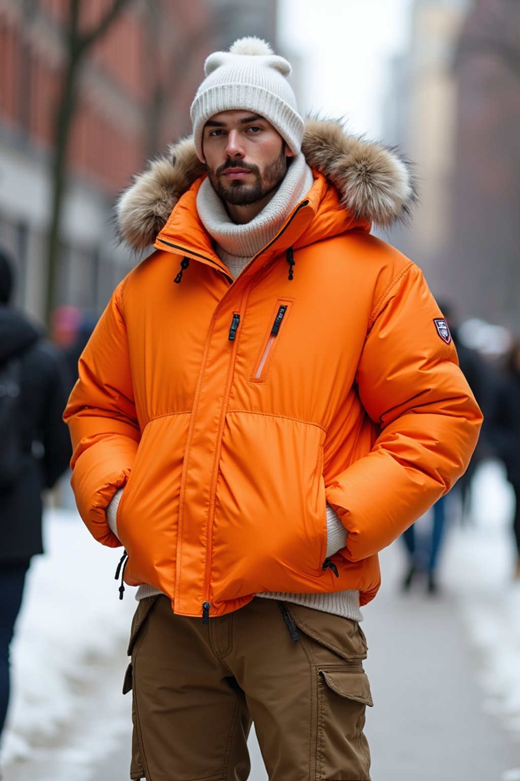 man wearing gorpcore aesthetic, functional outdoor clothing, bright colored puffer jacket, moonboots, beanie, white wool socks, outerwear, posing for photo in the street