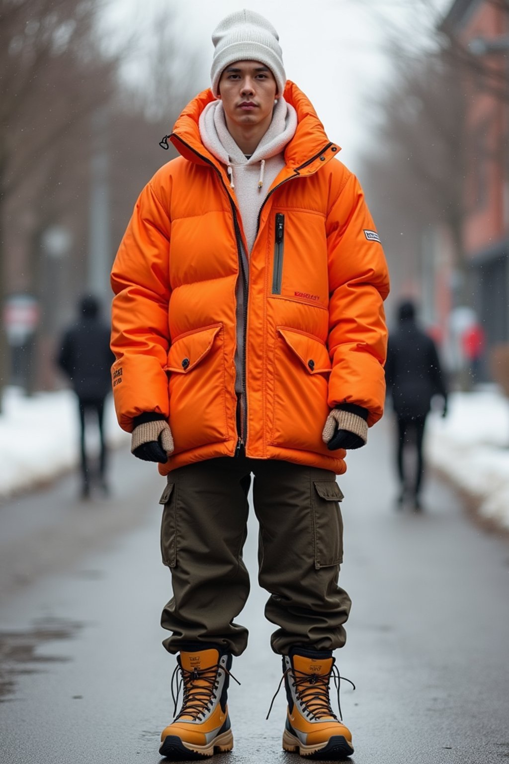 man wearing gorpcore aesthetic, functional outdoor clothing, bright colored puffer jacket, moonboots, beanie, white wool socks, outerwear, posing for photo in the street