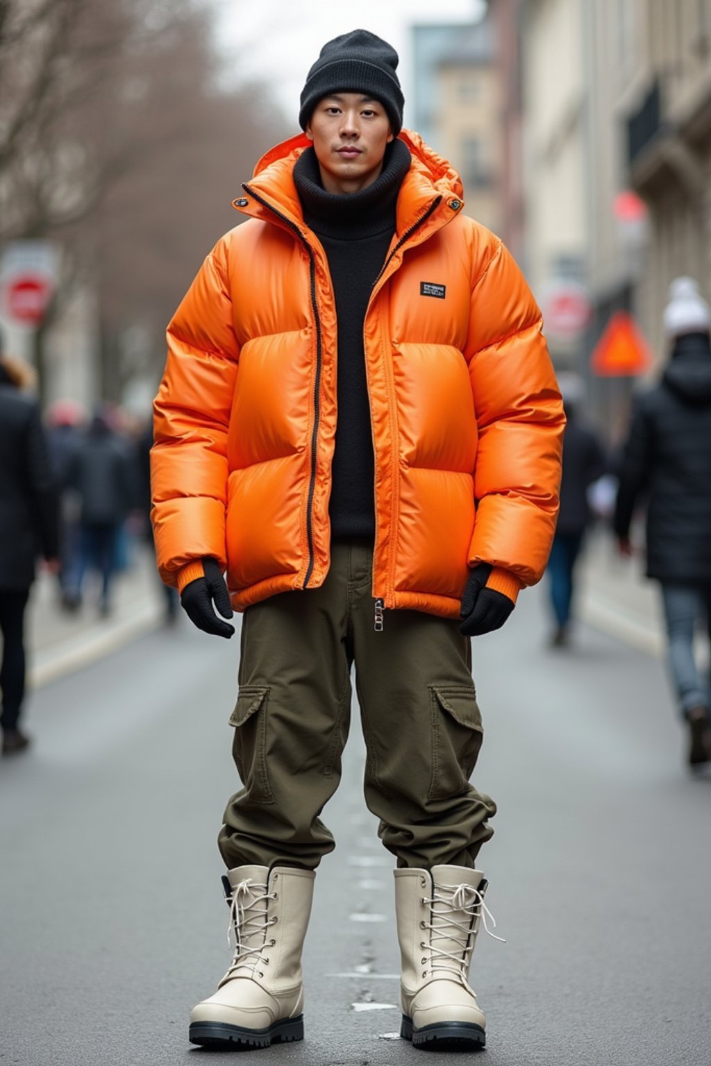 man wearing gorpcore aesthetic, functional outdoor clothing, bright colored puffer jacket, moonboots, beanie, white wool socks, outerwear, posing for photo in the street